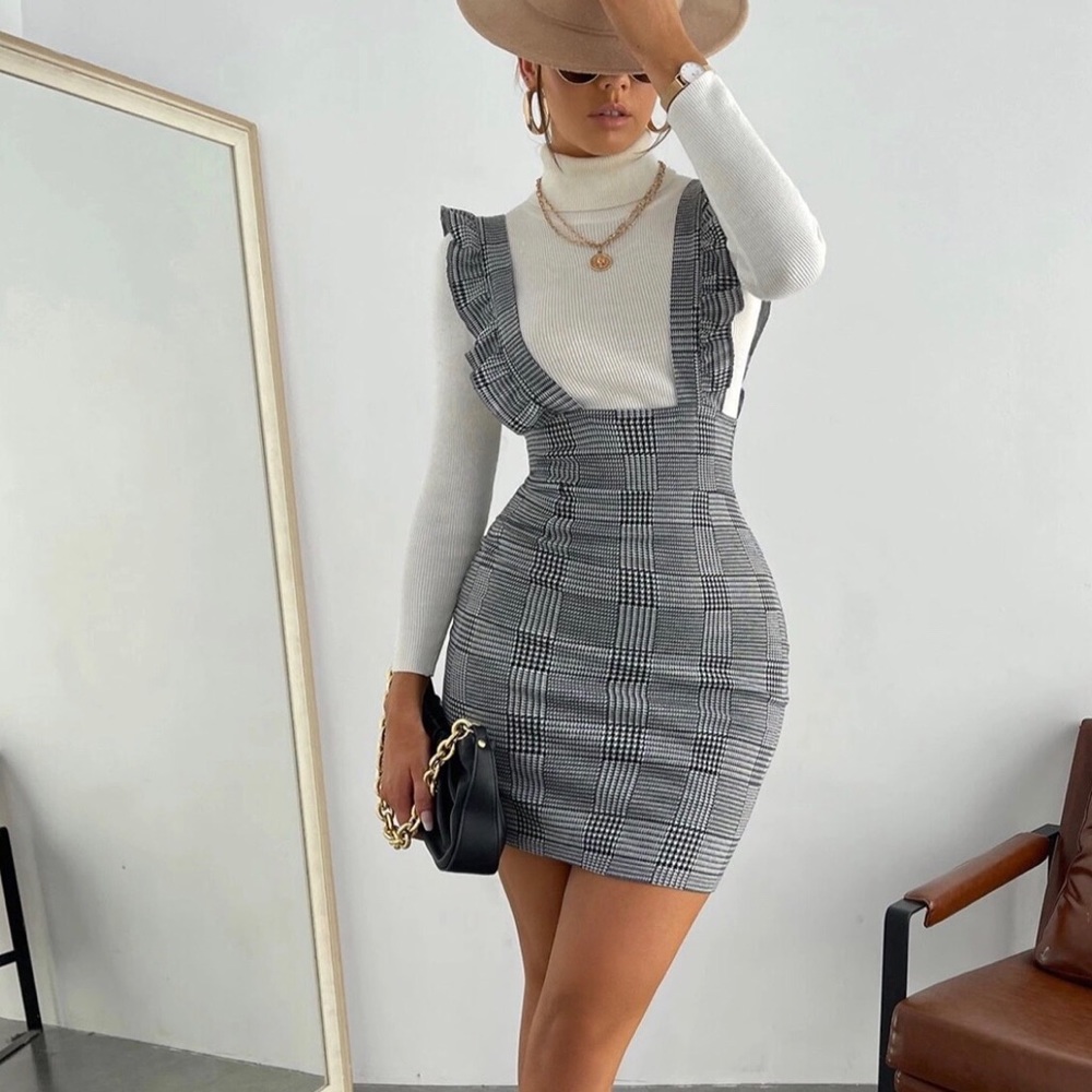 Plaid Ruffle Trim Overall Dress